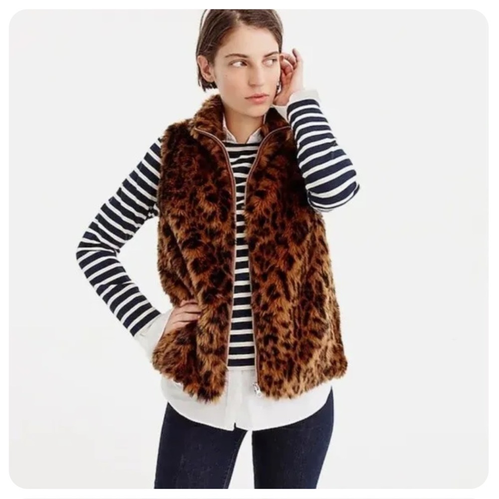 J.Crew Faux-fur Leopard Full-Zip Vest Sleeveless Jacket G9519 Women's Size Small